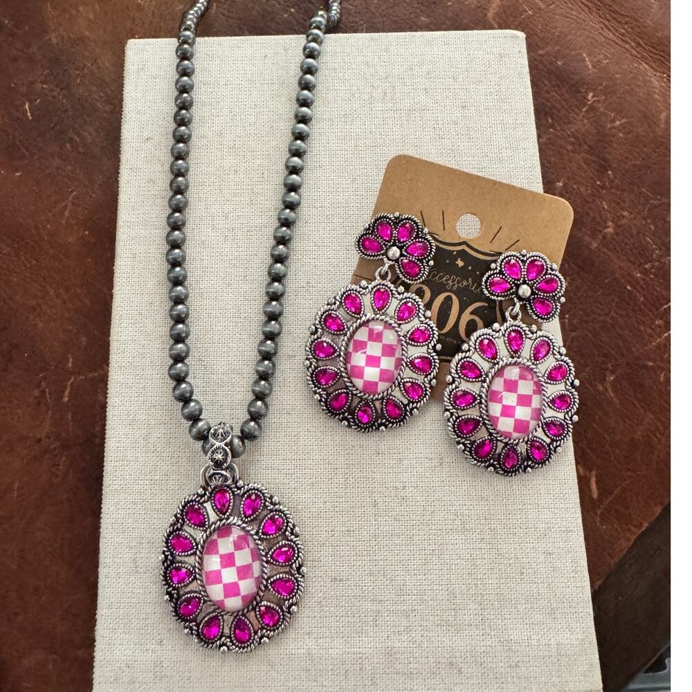 NWT Pink Panache Western Necklace & Earrings Set Pink Checkered Navajo Pearl